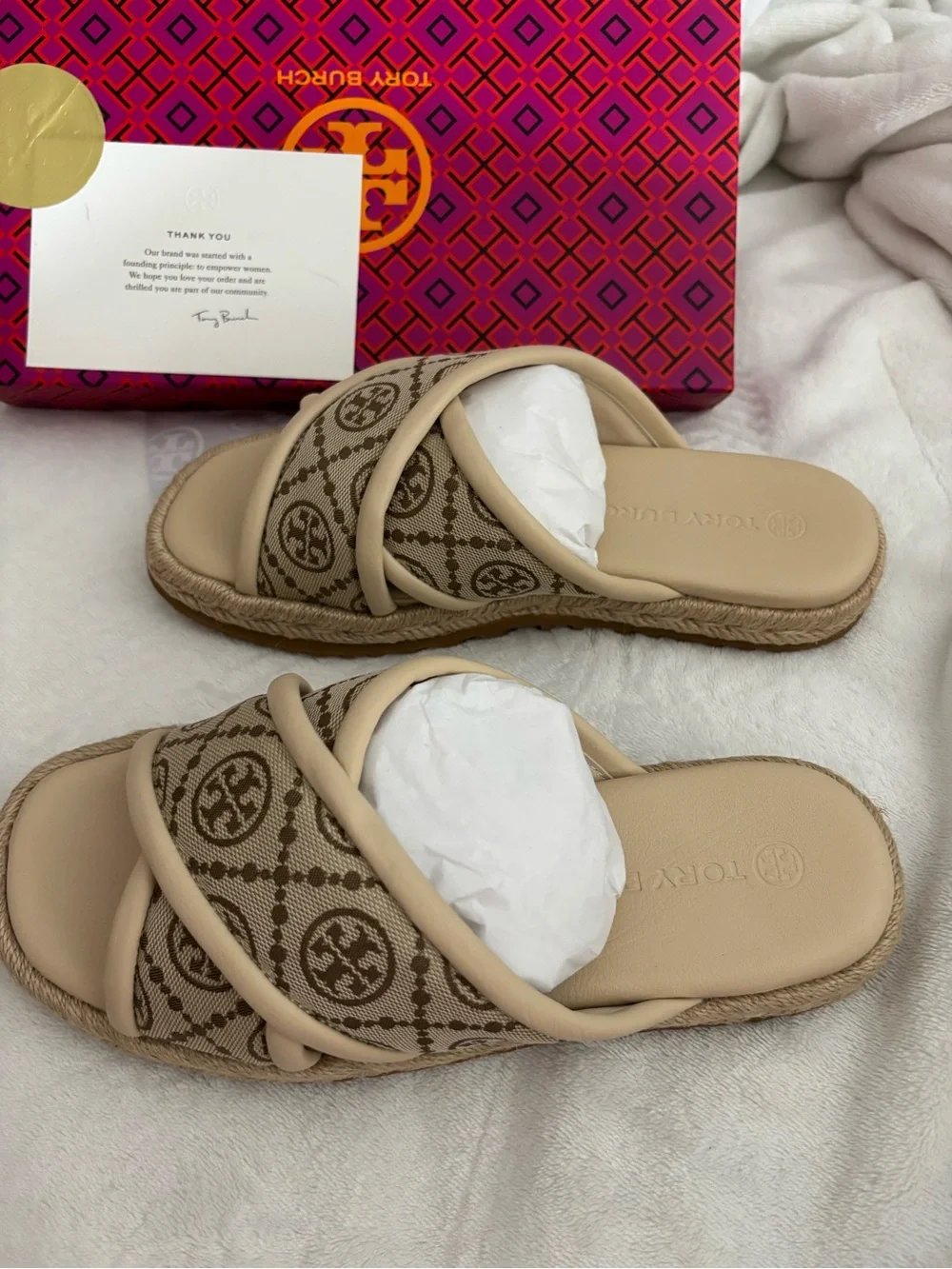 Tory Burch Beige Monogram Espadrille Slide Sandals